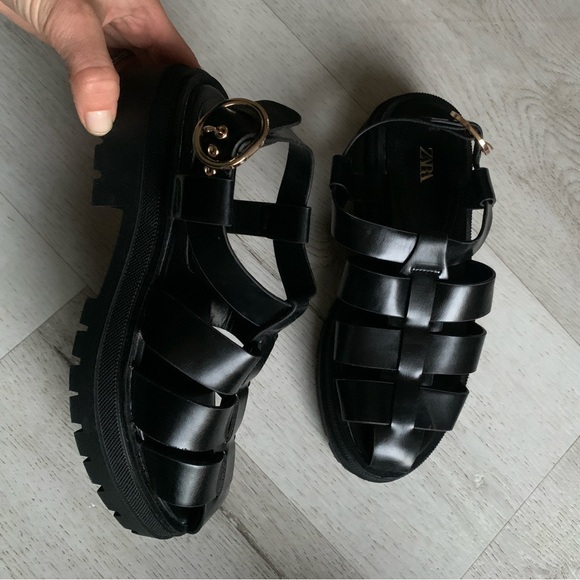 Zara Black‎ Women's Sandals women's size 6 chunky gothic summer buckle strapped - Picture 2 of 8